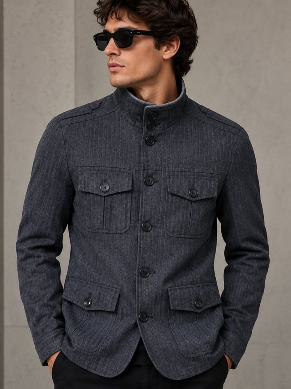 G BY GUESS Men Gray Herringbone Military Utility Jacket Elbow Patch M